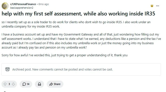 Reddit post asking how self-assessment works when earning income from both inside IR35 and self-employment